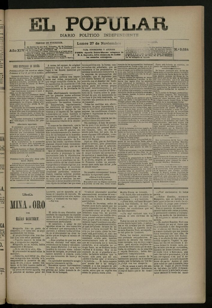 Miniatura de El Popular: diario independiente, político, literario y de noticias de interés general del 27 de noviembre de 1882, nº 9684