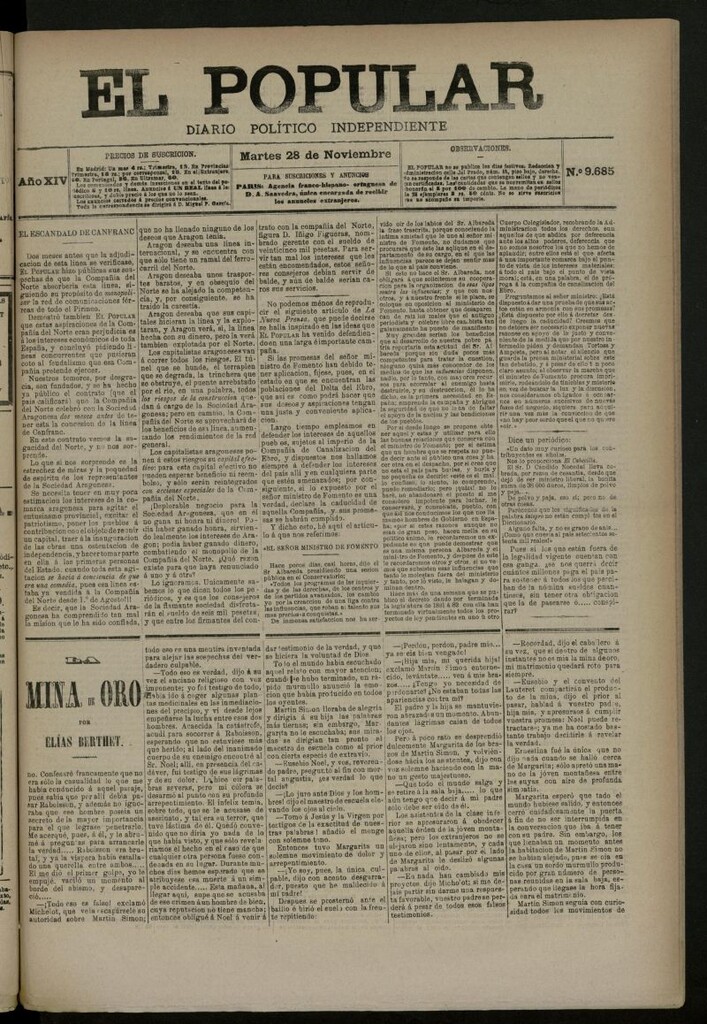 Miniatura de El Popular: diario independiente, político, literario y de noticias de interés general del 28 de noviembre de 1882, nº 9685