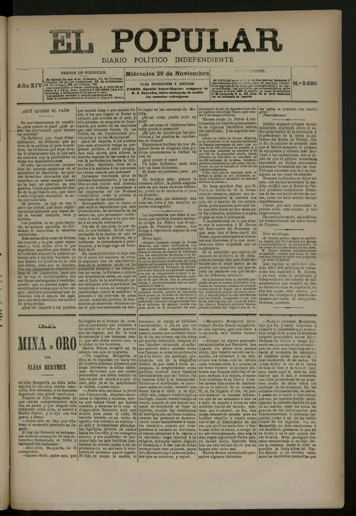 Miniatura de El Popular: diario independiente, político, literario y de noticias de interés general del 29 de noviembre de 1882, nº 9686