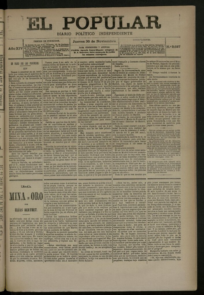 Miniatura de El Popular: diario independiente, político, literario y de noticias de interés general del 30 de noviembre de 1882, nº 9687