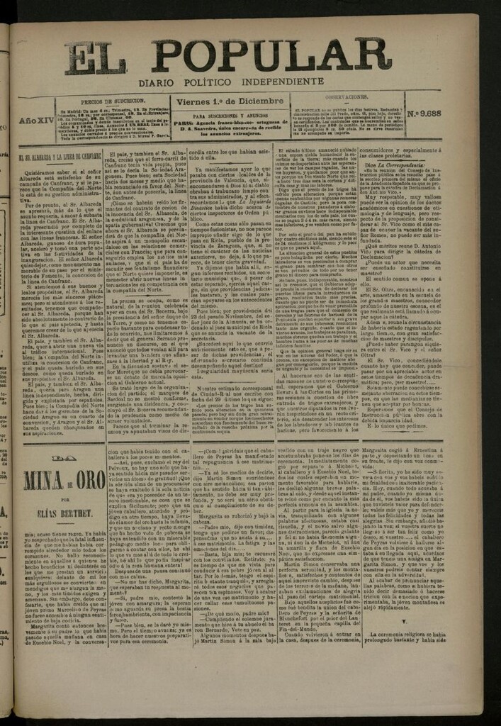 Miniatura de El Popular: diario independiente, político, literario y de noticias de interés general del 1 de diciembre de 1882, nº 9688