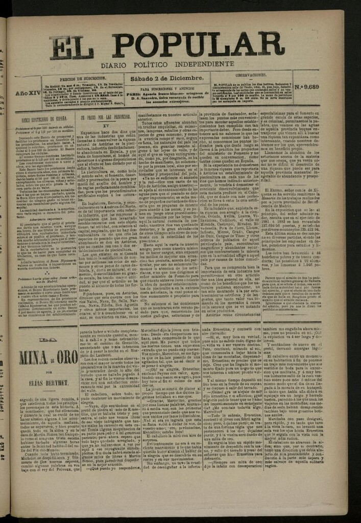 Miniatura de El Popular: diario independiente, político, literario y de noticias de interés general del 2 de diciembre de 1882, nº 9689
