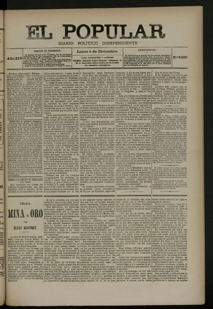Miniatura de El Popular: diario independiente, político, literario y de noticias de interés general del 4 de diciembre de 1882, nº 9690