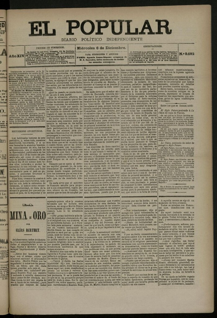 Miniatura de El Popular: diario independiente, político, literario y de noticias de interés general del 6 de diciembre de 1882, nº 9692