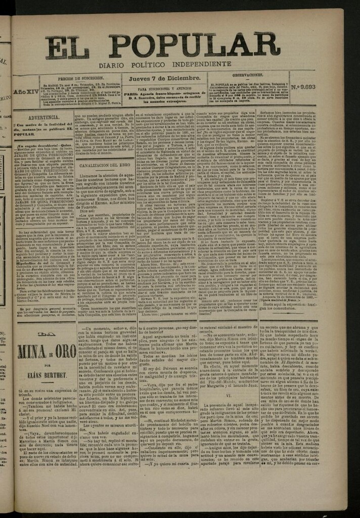 Miniatura de El Popular: diario independiente, político, literario y de noticias de interés general del 7 de diciembre de 1882, nº 9693
