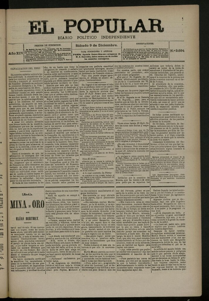 Miniatura de El Popular: diario independiente, político, literario y de noticias de interés general del 9 de diciembre de 1882, nº 9694