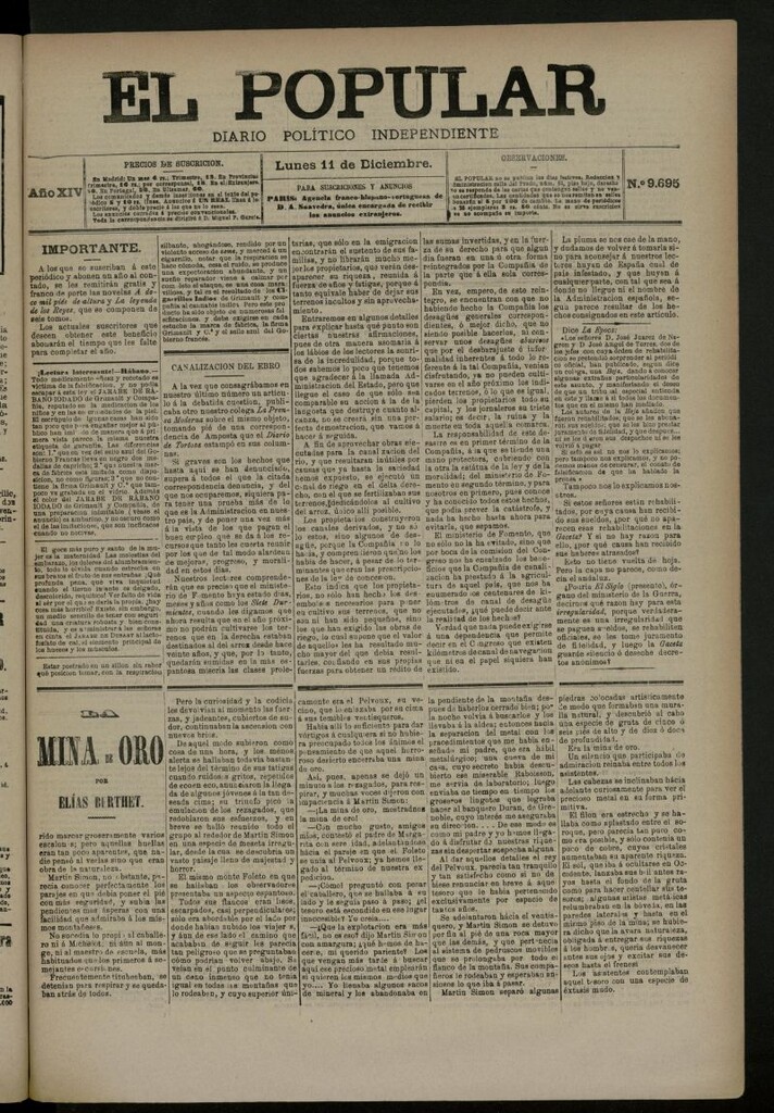 Miniatura de El Popular: diario independiente, político, literario y de noticias de interés general del 11 de diciembre de 1882, nº 9695