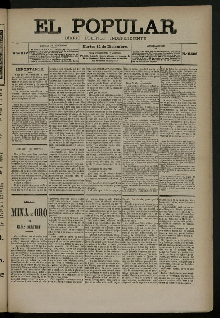 Miniatura de El Popular: diario independiente, político, literario y de noticias de interés general del 12 de diciembre de 1882, nº 9696