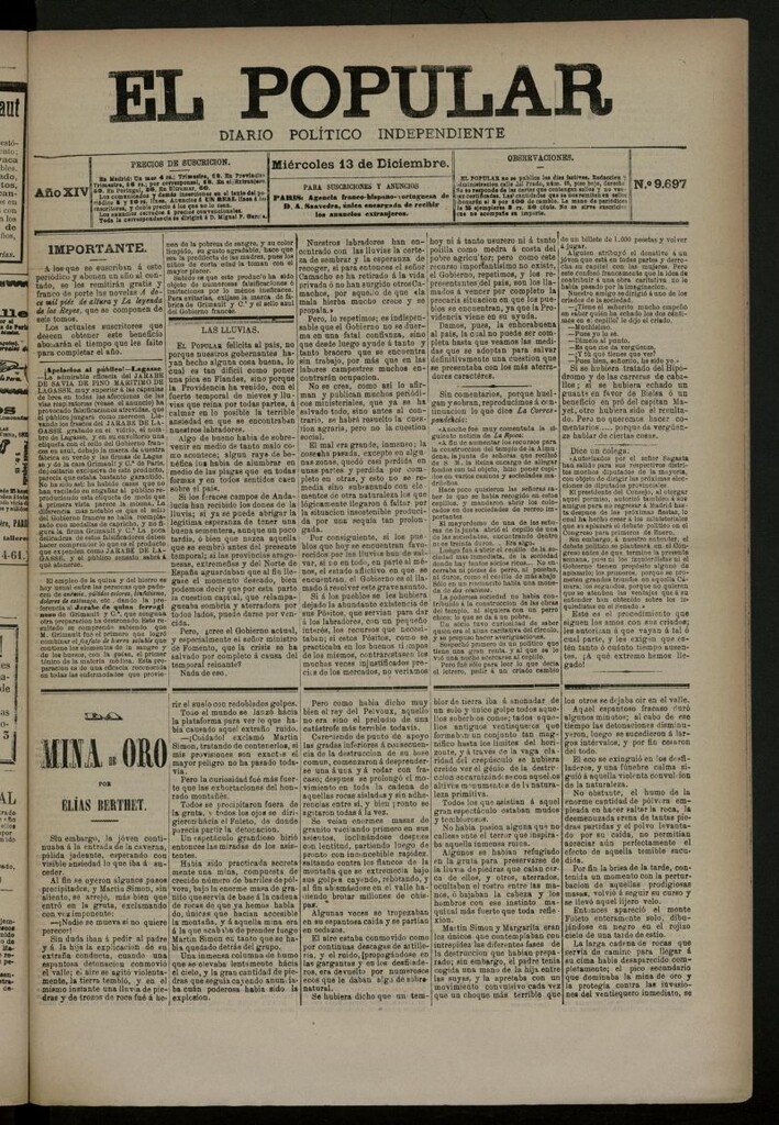 Miniatura de El Popular: diario independiente, político, literario y de noticias de interés general del 13 de diciembre de 1882, nº 9697