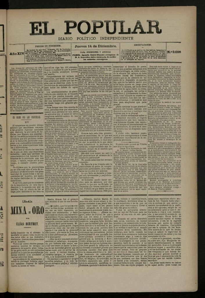 Miniatura de El Popular: diario independiente, político, literario y de noticias de interés general del 14 de diciembre de 1882, nº 9698