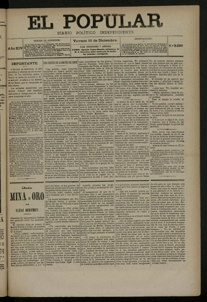 Miniatura de El Popular: diario independiente, político, literario y de noticias de interés general del 15 de diciembre de 1882, nº 9699