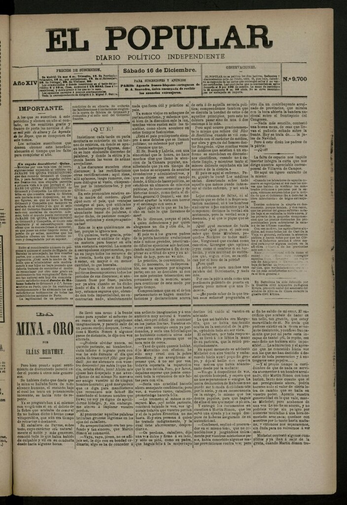 Miniatura de El Popular: diario independiente, político, literario y de noticias de interés general del 16 de diciembre de 1882, nº 9700
