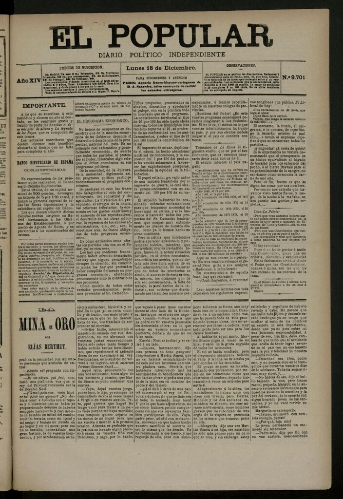 Miniatura de El Popular: diario independiente, político, literario y de noticias de interés general del 18 de diciembre de 1882, nº 9701