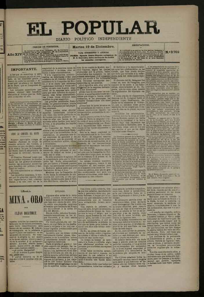Miniatura de El Popular: diario independiente, político, literario y de noticias de interés general del 19 de diciembre de 1882, nº 9702