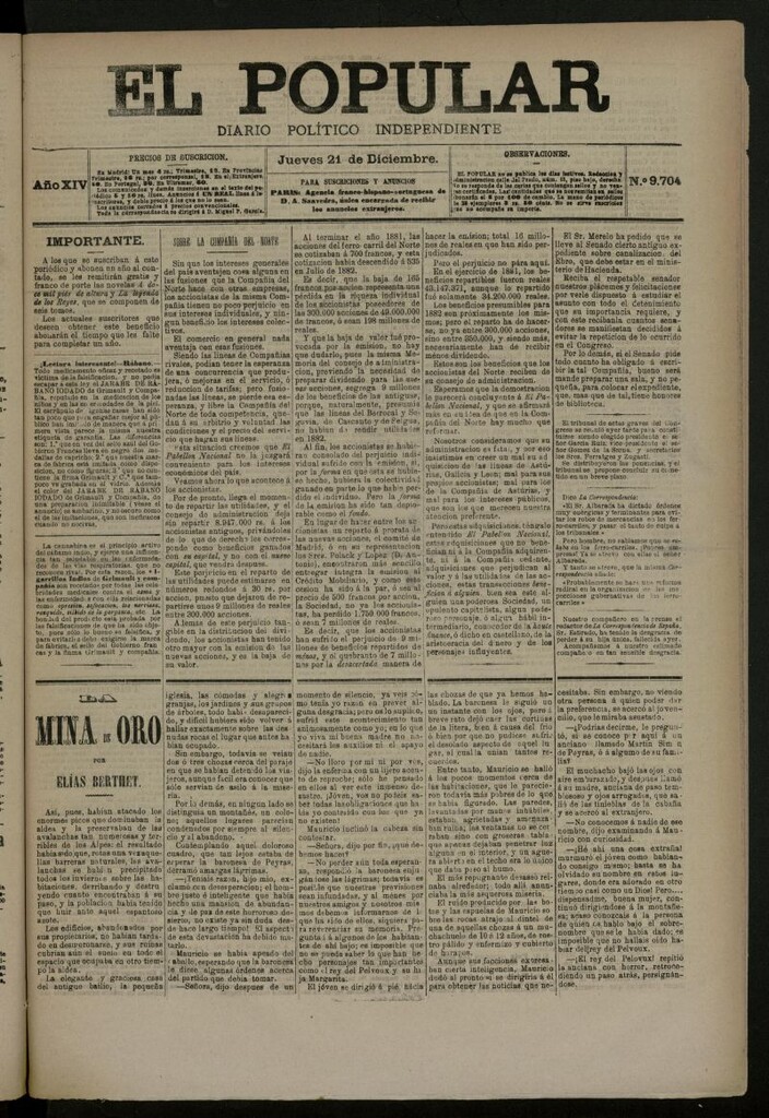 Miniatura de El Popular: diario independiente, político, literario y de noticias de interés general del 21 de diciembre de 1882, nº 9704
