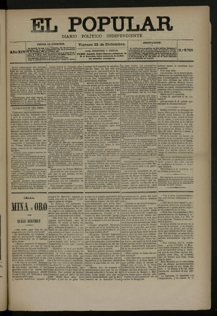 Miniatura de El Popular: diario independiente, político, literario y de noticias de interés general del 22 de diciembre de 1882, nº 9705