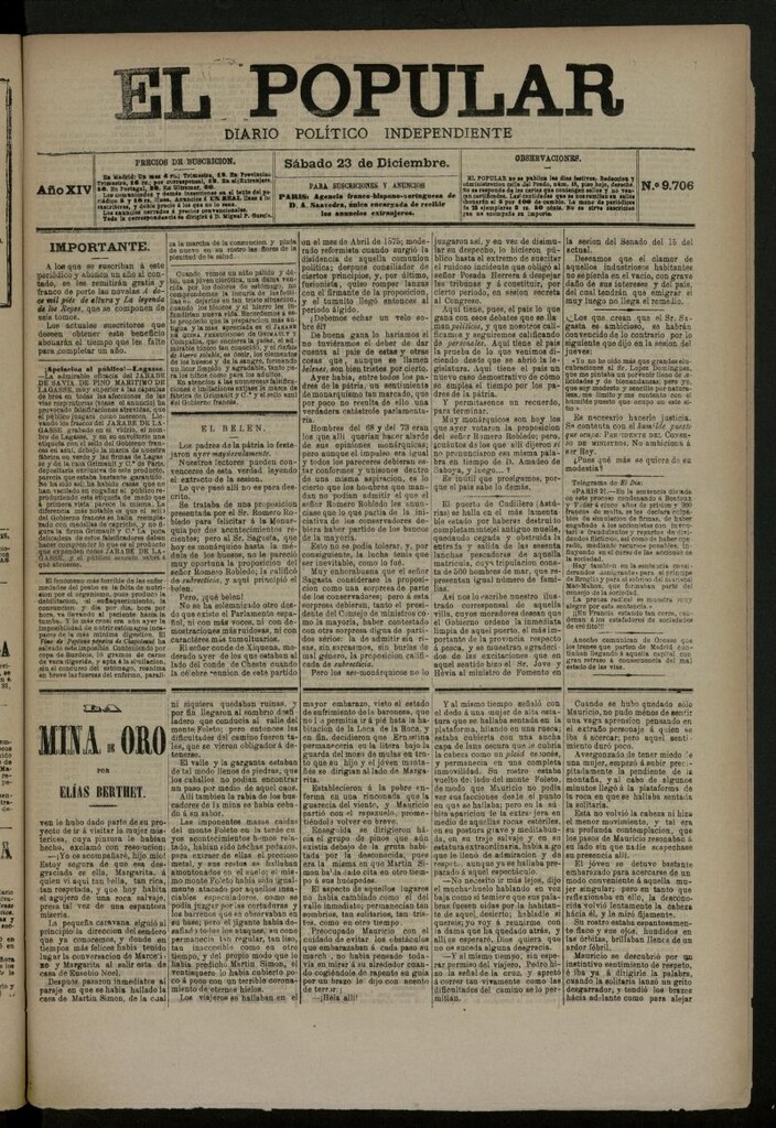 Miniatura de El Popular: diario independiente, político, literario y de noticias de interés general del 23 de diciembre de 1882, nº 9706