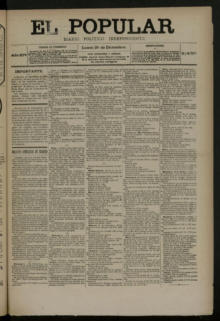 Miniatura de El Popular: diario independiente, político, literario y de noticias de interés general del 25 de diciembre de 1882, nº 9707