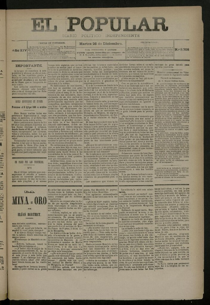Miniatura de El Popular: diario independiente, político, literario y de noticias de interés general del 26 de diciembre de 1882, nº 9708