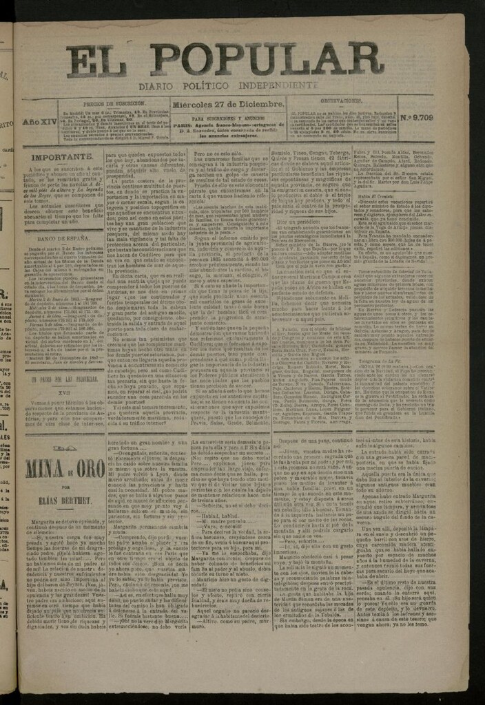 Miniatura de El Popular: diario independiente, político, literario y de noticias de interés general del 27 de diciembre de 1882, nº 9709