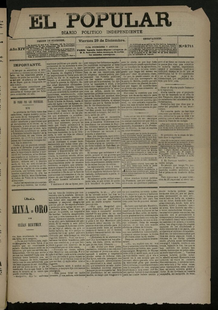 Miniatura de El Popular: diario independiente, político, literario y de noticias de interés general del 29 de diciembre de 1882, nº 9711
