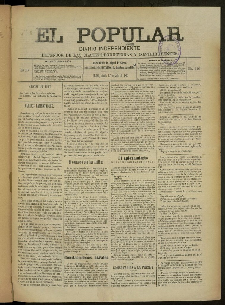 Miniatura de El Popular: diario independiente, político, literario y de noticias de interés general del 1 de julio de 1893, Nº 10486