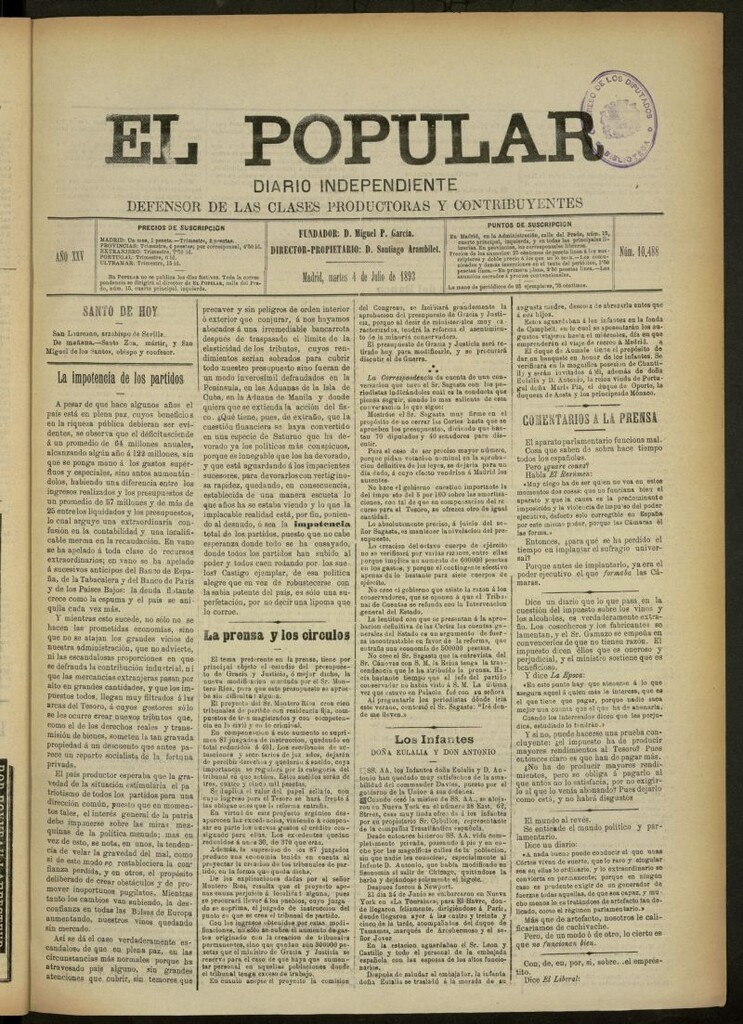 Miniatura de El Popular: diario independiente, político, literario y de noticias de interés general del 4 de julio de 1893, nº 10488