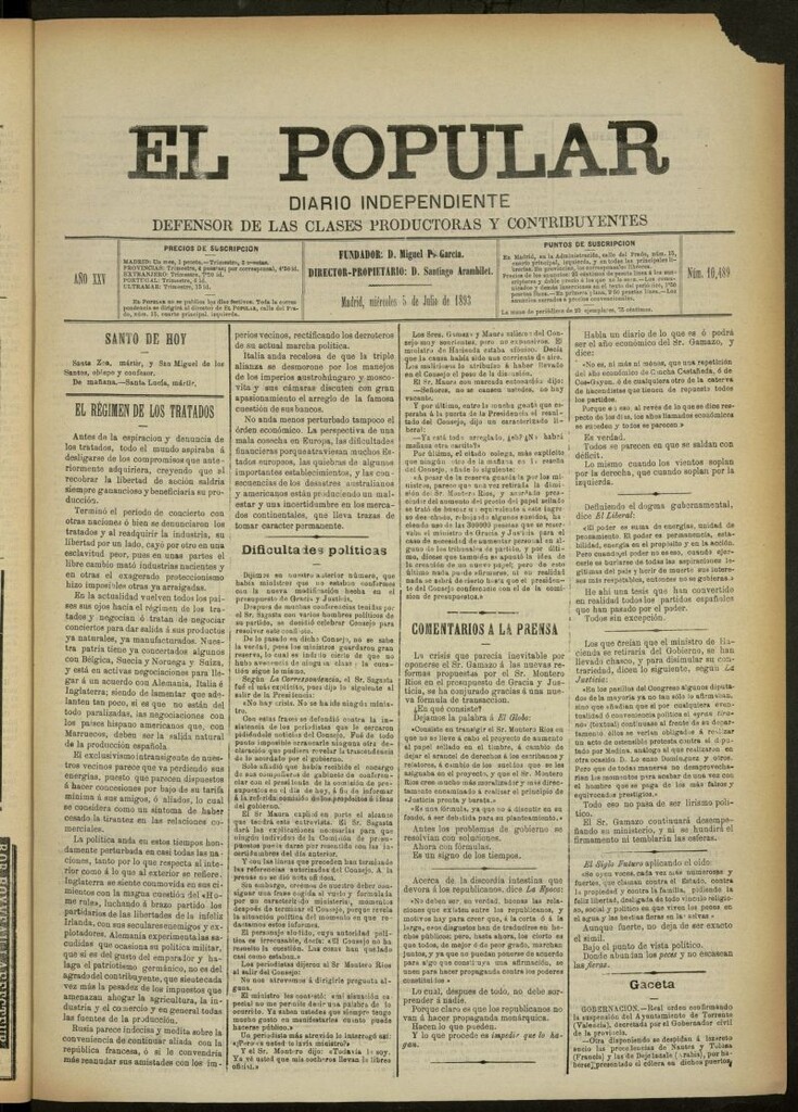 Miniatura de El Popular: diario independiente, político, literario y de noticias de interés general del 5 de julio de 1893, nº 10489