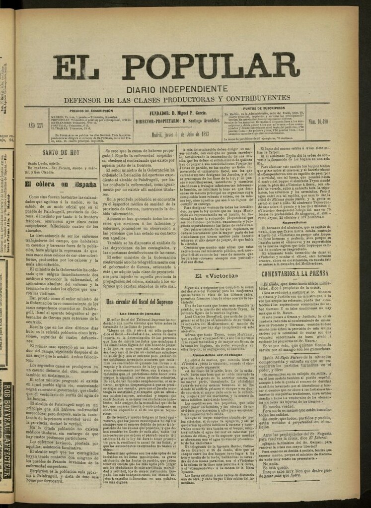 Miniatura de El Popular: diario independiente, político, literario y de noticias de interés general del 6 de julio de 1893, nº 10490