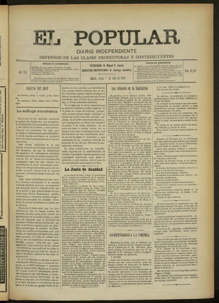 Miniatura de El Popular: diario independiente, político, literario y de noticias de interés general del 7 de julio de 1893, nº 10491