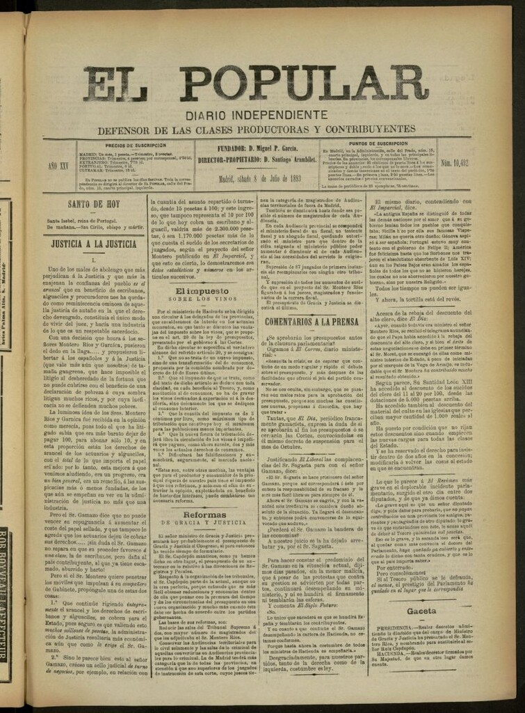 Miniatura de El Popular: diario independiente, político, literario y de noticias de interés general del 8 de julio de 1893, nº 10492