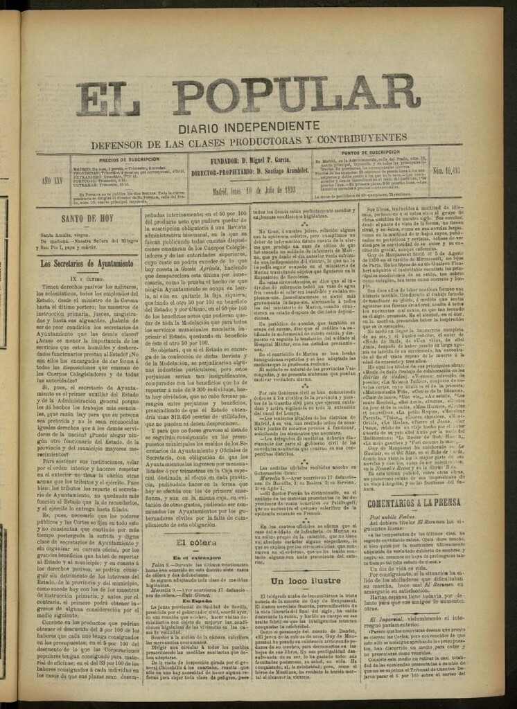 Miniatura de El Popular: diario independiente, político, literario y de noticias de interés general del 10 de julio de 1893, nº 10493