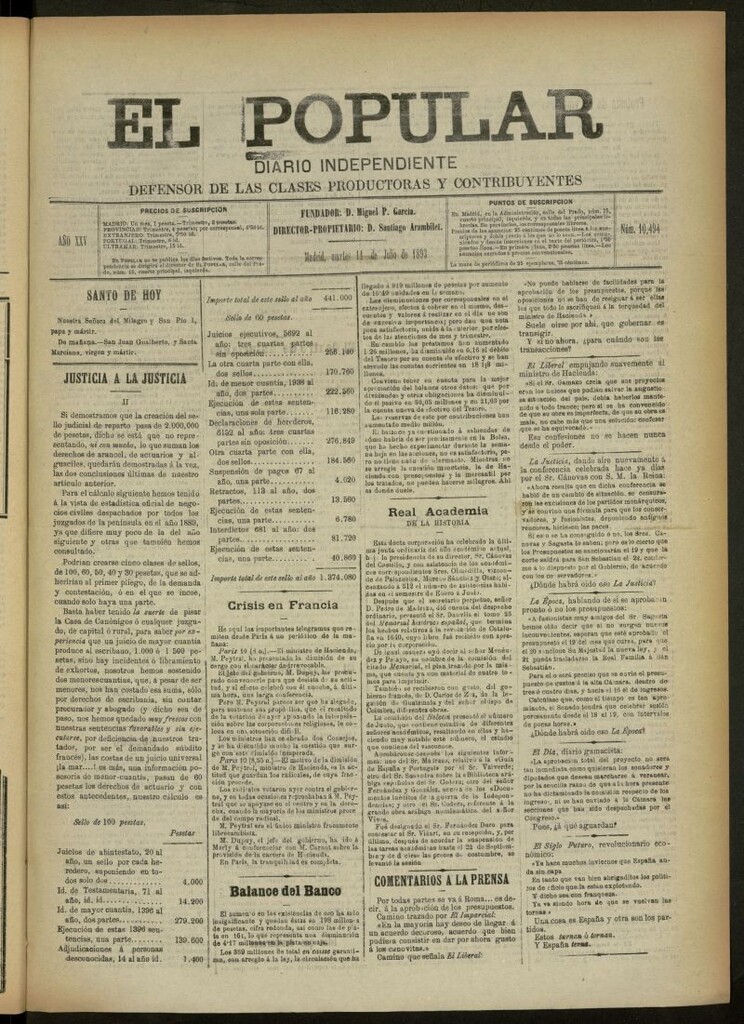 Miniatura de El Popular: diario independiente, político, literario y de noticias de interés general del 11 de julio de 1893, nº 10494