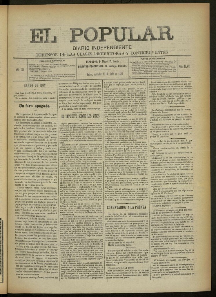 Miniatura de El Popular: diario independiente, político, literario y de noticias de interés general del 12 de julio de 1893, nº 10495