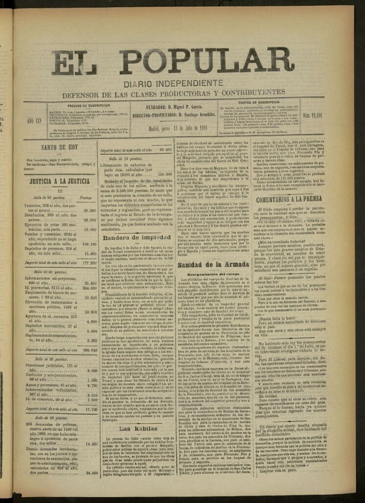 Miniatura de El Popular: diario independiente, político, literario y de noticias de interés general del 13 de julio de 1893, nº 10496