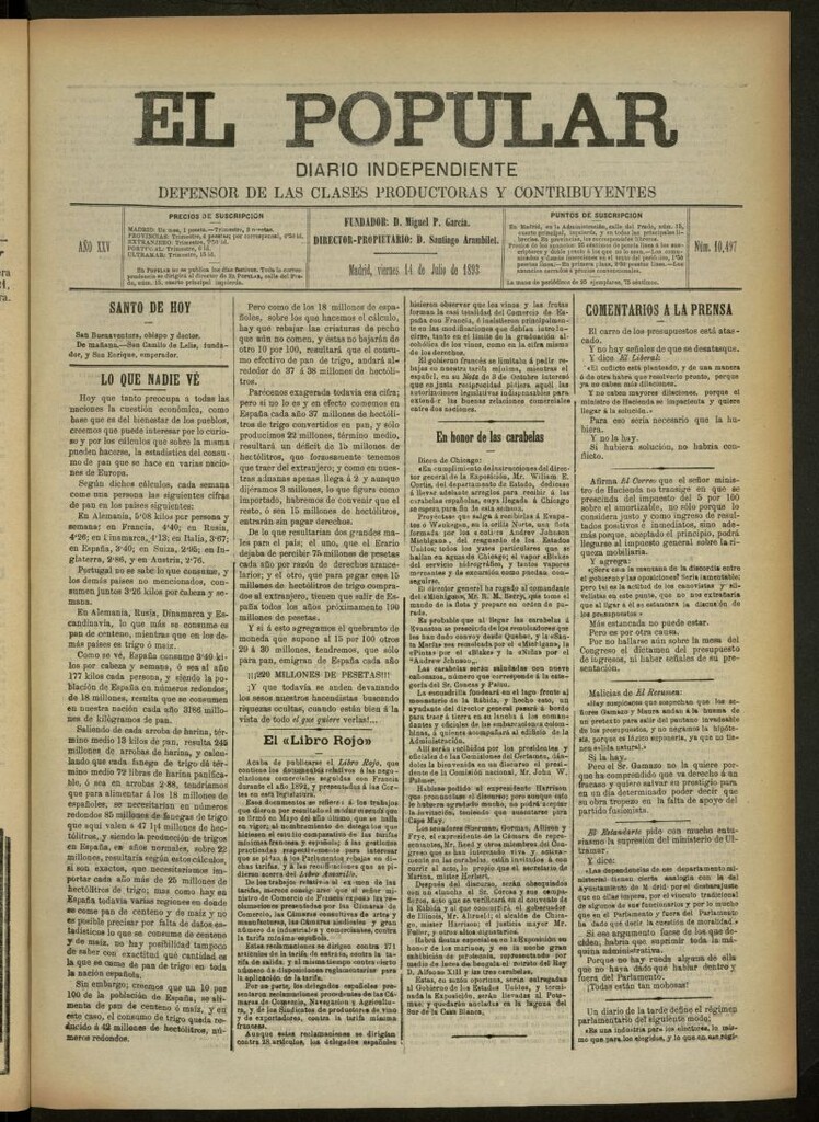 Miniatura de El Popular: diario independiente, político, literario y de noticias de interés general del 14 de julio de 1893, nº 10497