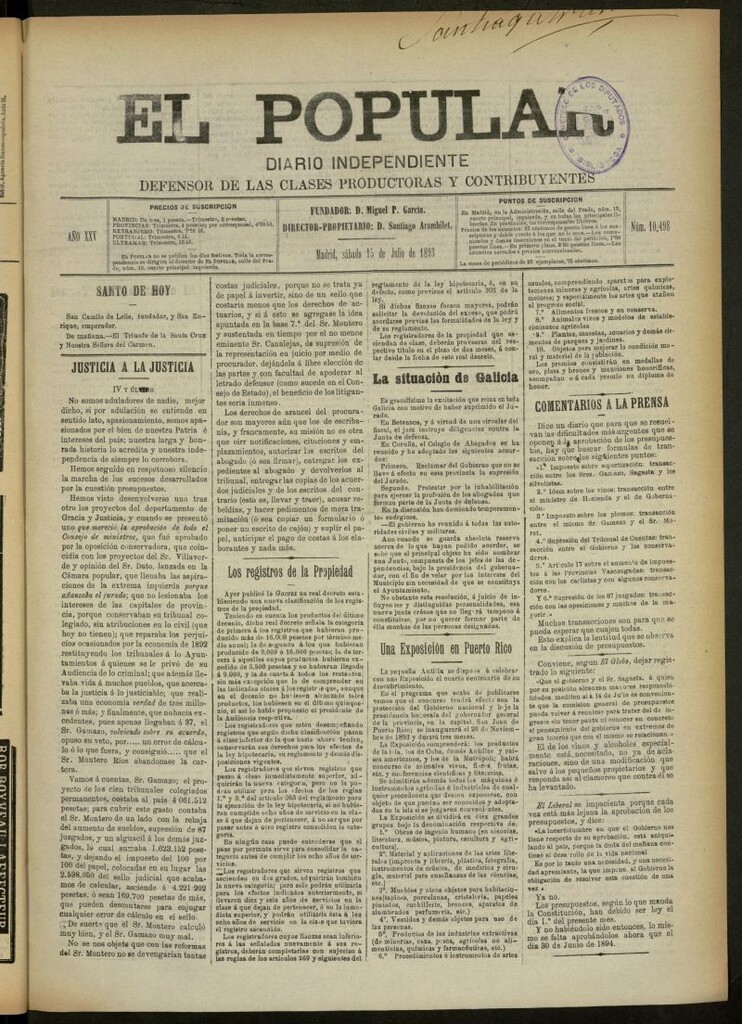 Miniatura de El Popular: diario independiente, político, literario y de noticias de interés general del 15 de julio de 1893, nº 10498