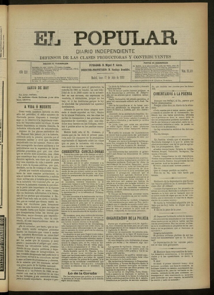 Miniatura de El Popular: diario independiente, político, literario y de noticias de interés general del 17 de julio de 1893, nº 10499
