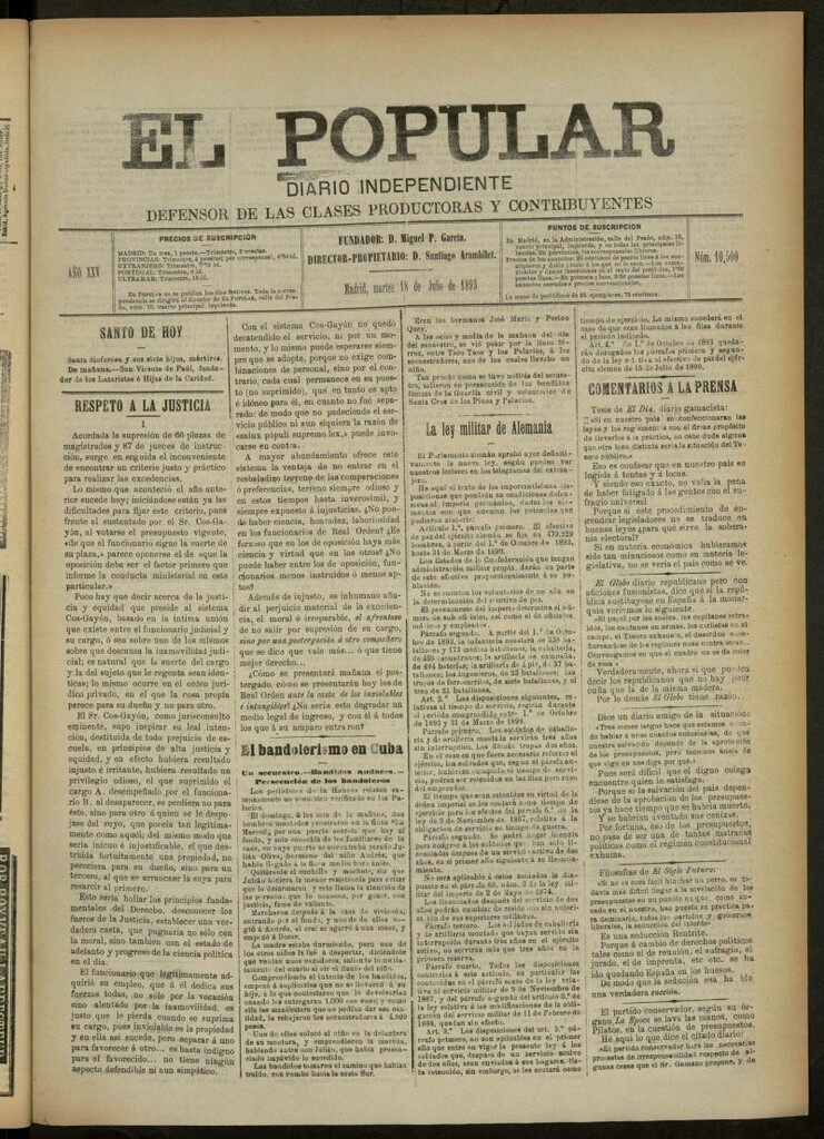 Miniatura de El Popular: diario independiente, político, literario y de noticias de interés general del 18 de julio de 1893, nº 10500