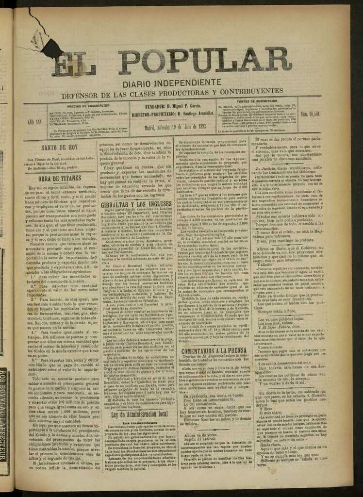 Miniatura de El Popular: diario independiente, político, literario y de noticias de interés general del 19 de julio de 1893, nº 10501