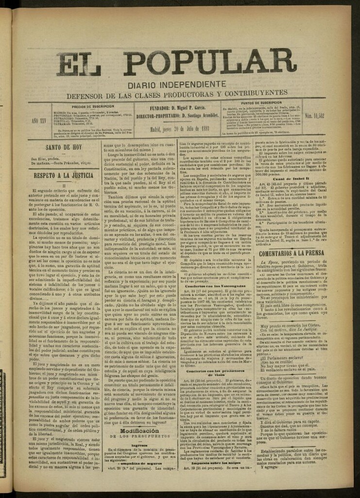 Miniatura de El Popular: diario independiente, político, literario y de noticias de interés general del 20 de julio de 1893, nº 10502