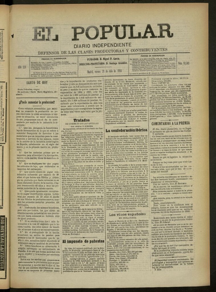 Miniatura de El Popular: diario independiente, político, literario y de noticias de interés general del 21 de julio de 1893, nº 10503