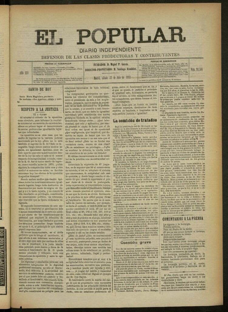 Miniatura de El Popular: diario independiente, político, literario y de noticias de interés general del 22 de julio de 1893, nº 10504