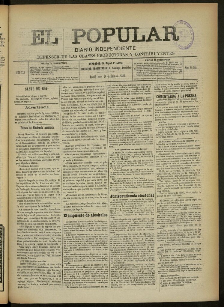Miniatura de El Popular: diario independiente, político, literario y de noticias de interés general del 24 de julio de 1893, nº 10505
