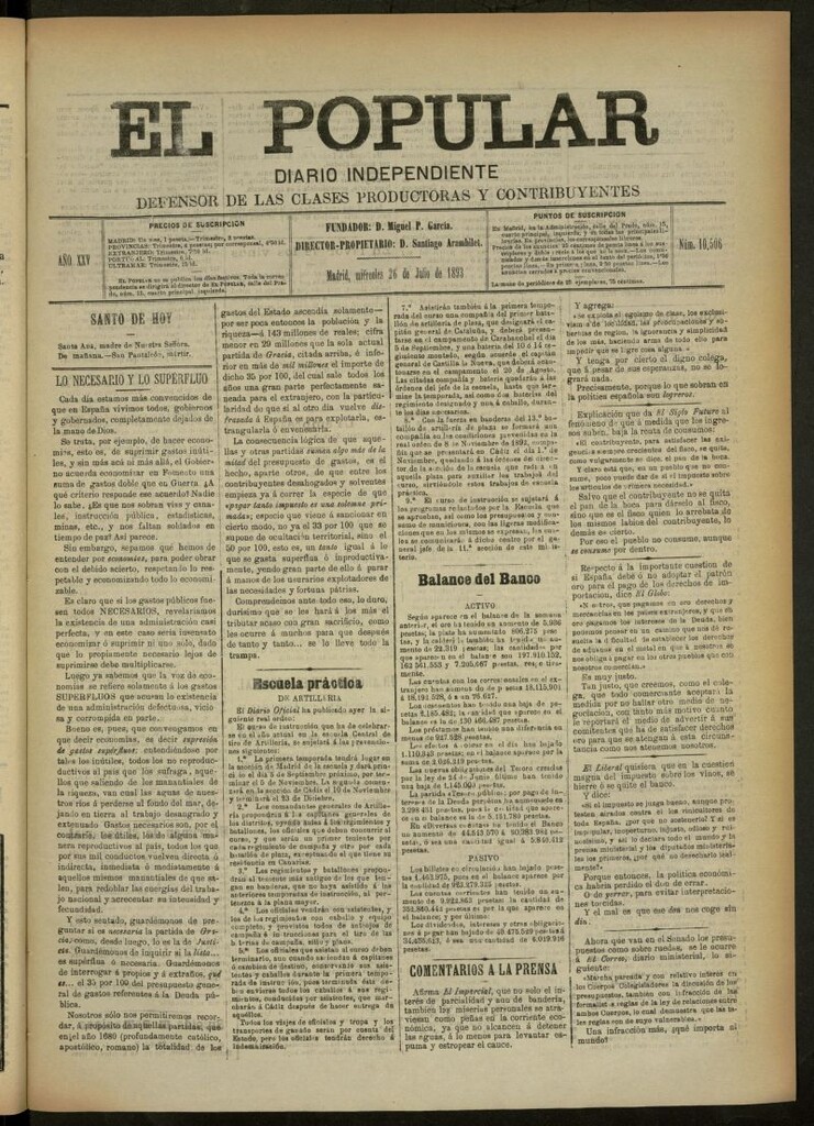Miniatura de El Popular: diario independiente, político, literario y de noticias de interés general del 26 de julio de 1893, nº 10506