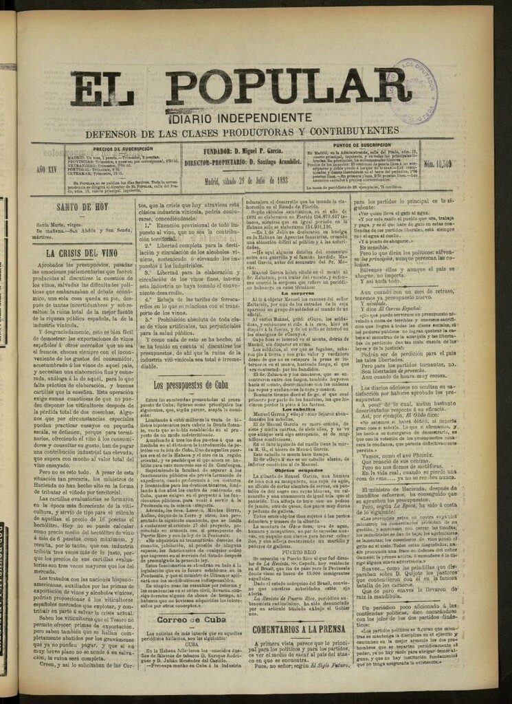 Miniatura de El Popular: diario independiente, político, literario y de noticias de interés general del 29 de julio de 1893, nº 10509