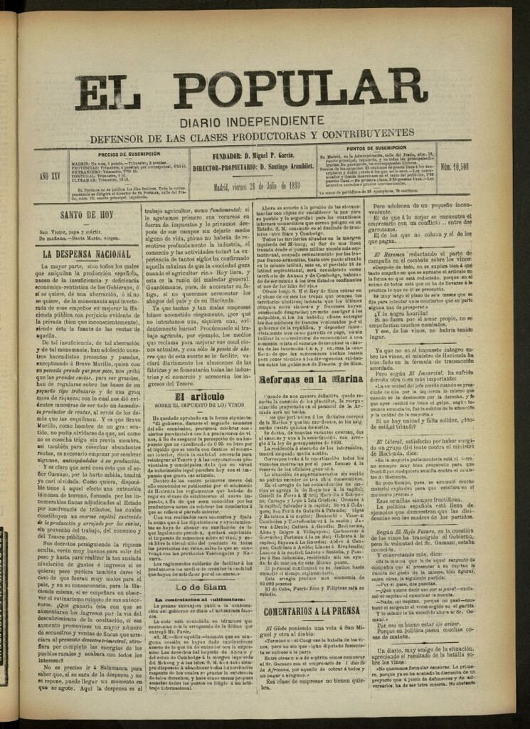 Miniatura de El Popular: diario independiente, político, literario y de noticias de interés general del 28 de julio de 1893, nº 10508