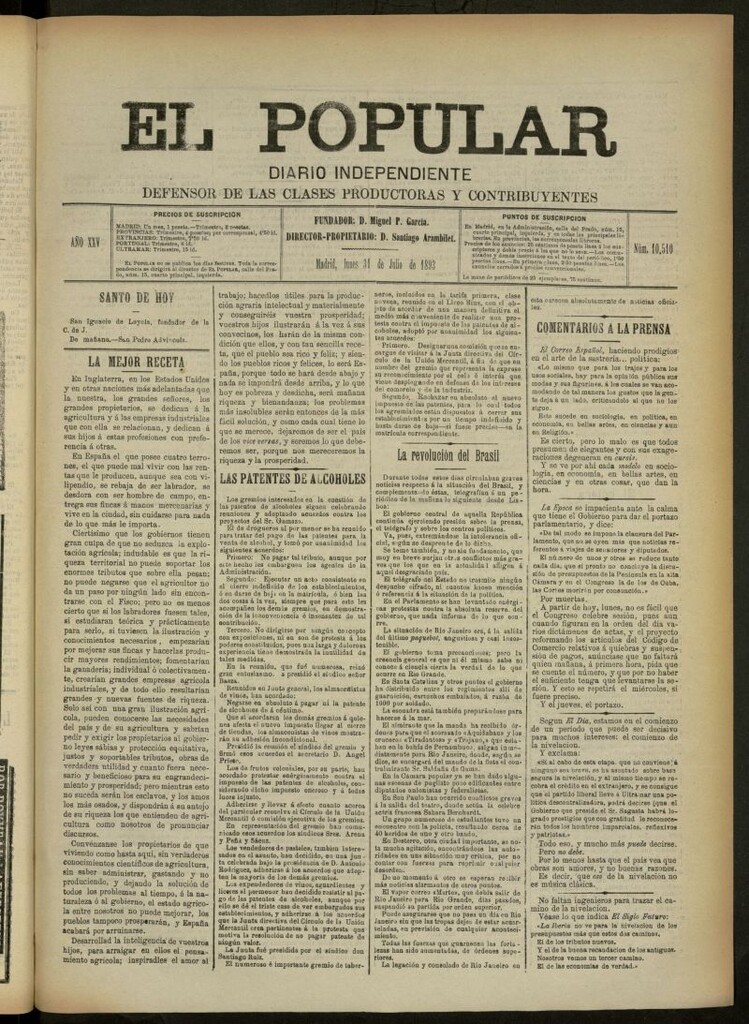 Miniatura de El Popular: diario independiente, político, literario y de noticias de interés general del 31 de julio de 1893, nº 10510