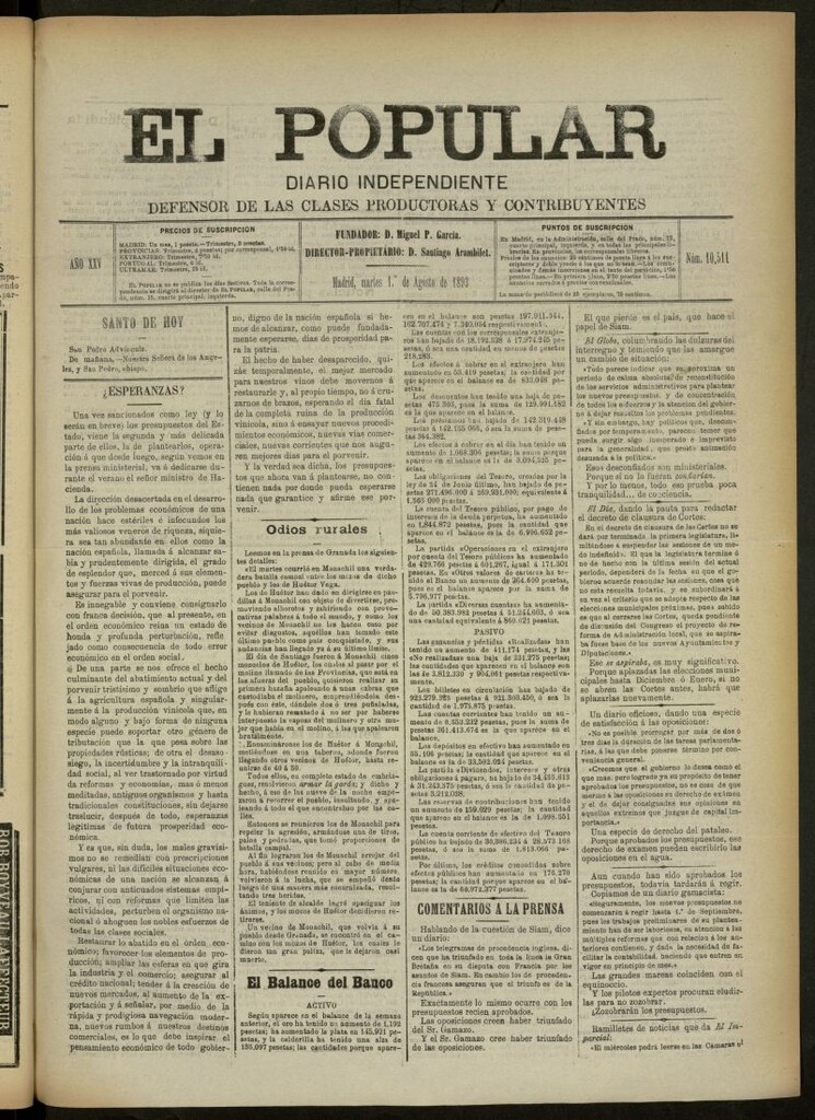 Miniatura de El Popular: diario independiente, político, literario y de noticias de interés general del 1 de agosto de 1893, nº 10511
