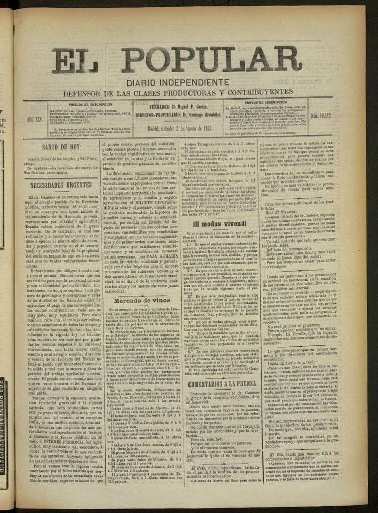 Miniatura de El Popular: diario independiente, político, literario y de noticias de interés general del 2 de agosto de 1893, nº 10512